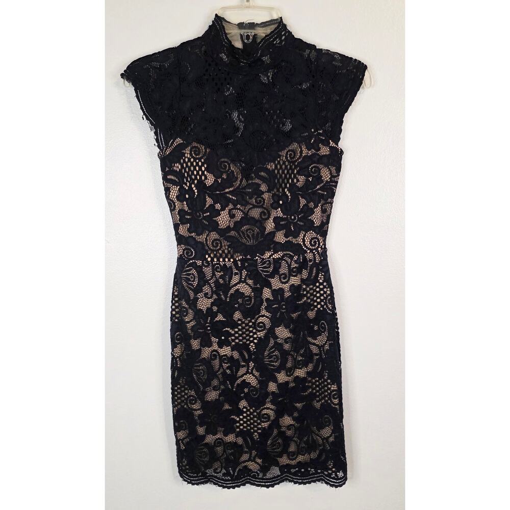 B. Darlin Lace Mini Dress Size 1/2, 100% Polyester Navy Lace Flesh Color Lining
